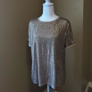 Anne Klein Taupe/ Golden Sequin Short Sleeve Crewneck Top